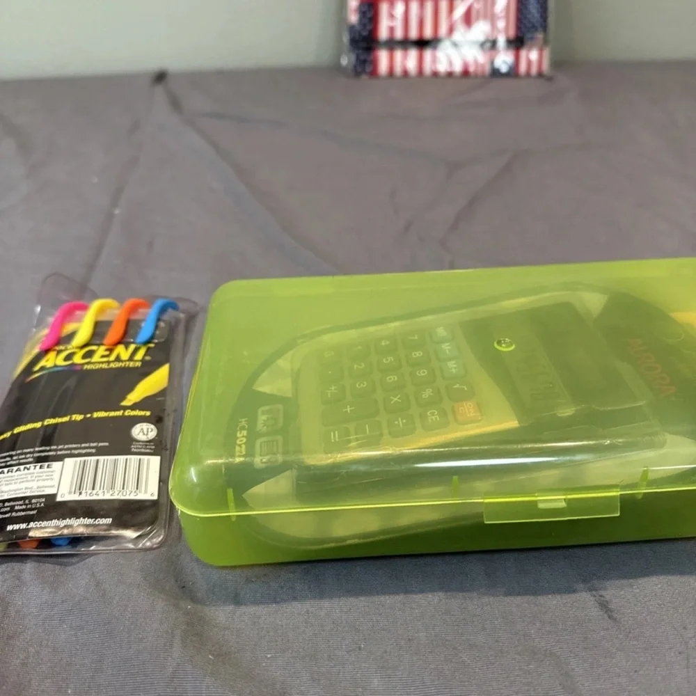 Back to school haul, calculator, highlighters, sticky note, pencil box, book cvr